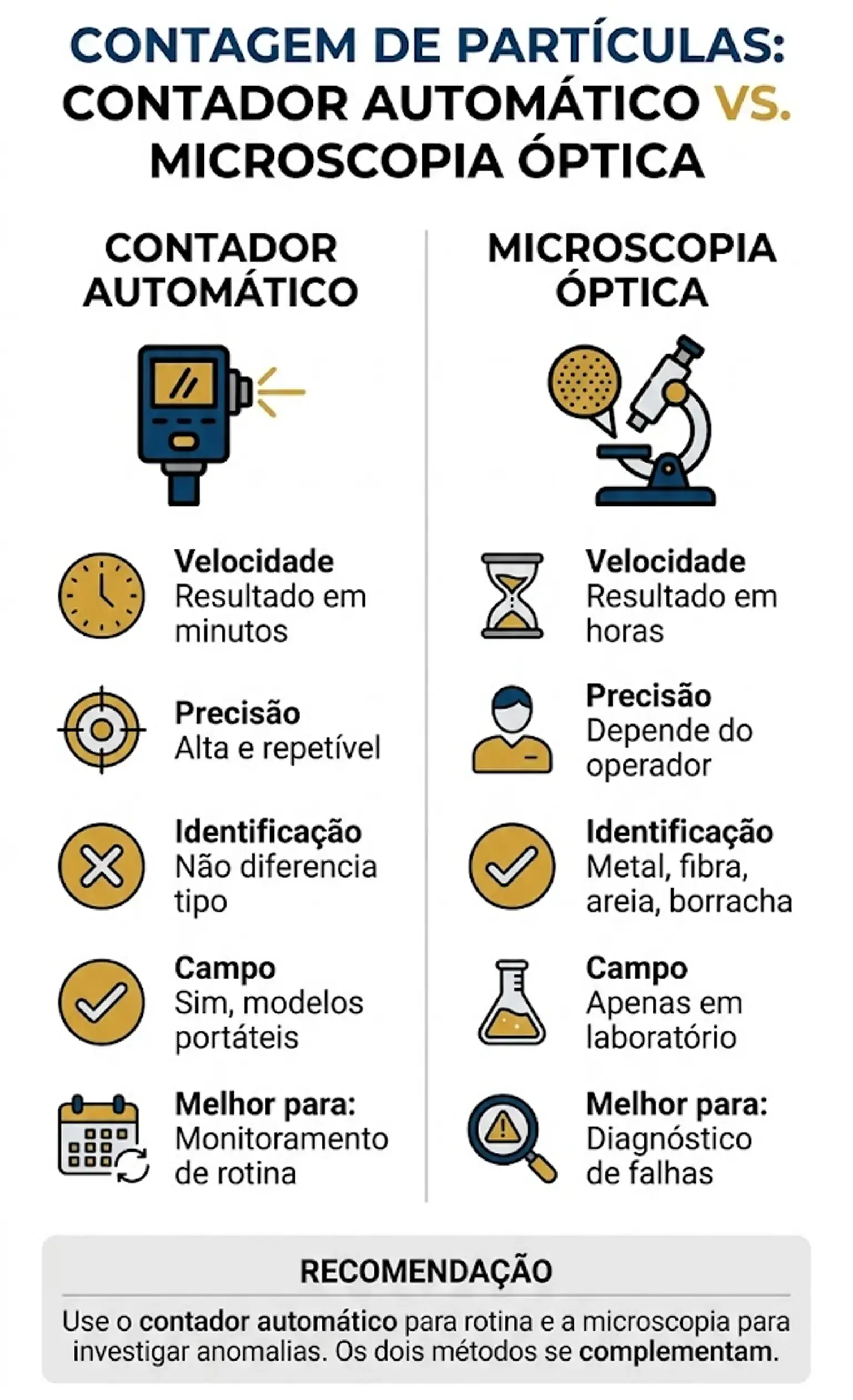 Contador automático de partículas analisando amostra de óleo hidráulico em bancada de manutenção industrial